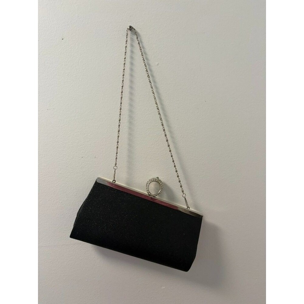Black Shimmer Evening Clutch Bag Rhinestone Ring Clasp Silver Chain Strap Formal